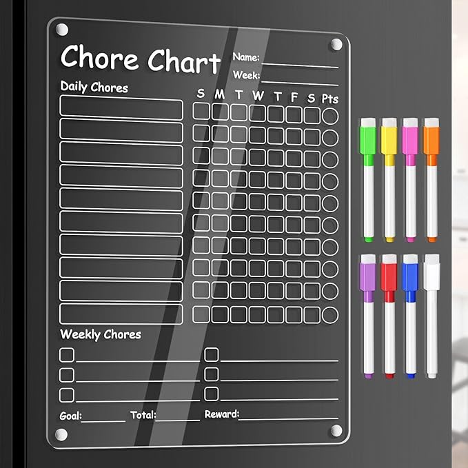 Acrylic Chore Chart Clear Dry Erase Checklist Chore Boars for Family Chores Checklist Reward Chart Responsibility Chart, 12x9'', 1 Pack