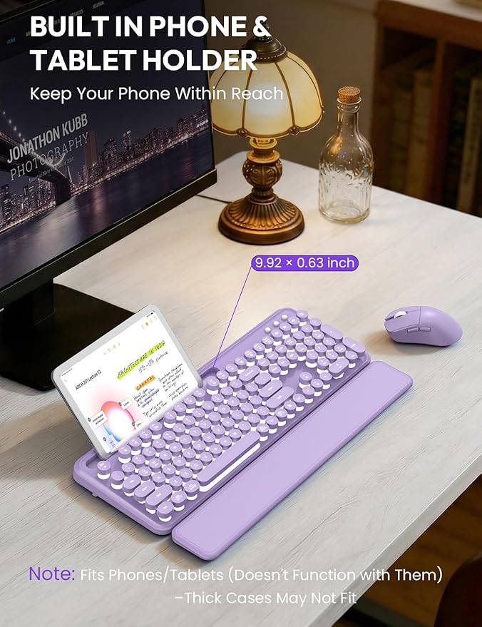 Wireless Keyboard and Mouse Combo - Backlit Typewriter Keyboard with Magnetic Wrist Rest & Phone Holder, Light Up Round Keys, 2.4GHz Cordless Set for Mac, Windows, PC, SABLUTE (Soft Lilac)