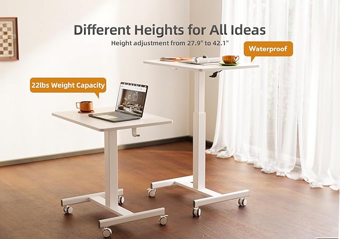 Claiks Mobile Standing Desk, Small Rolling Workstation with Wheels, Pneumatic Laptop Desk for Home Office with Hook, White