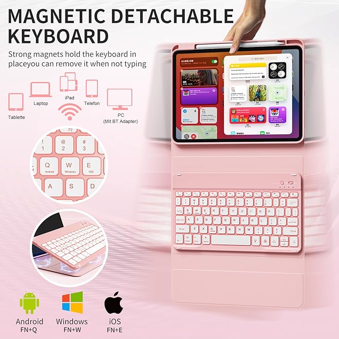 for iPad (A16) 11th Generation 2025 11-inch/10th Generation 2022 10.9 inch with Keyboard, 7 Colors Backlit Square Keycaps, Detachable Wireless Bluetooth Keyboard Case with Pencil Holder,LightPink