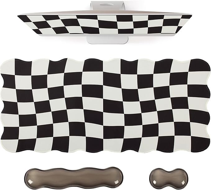 L-SPOUTTO Black Checkered Mouse Pad Set,Scalloped XXL Desk Mat + Ergonomic Mouse Wrist Rest + Gel Keyboard Wrist Rest for Keyboard 65%/75%,3in1 Large Desk Pad for Desktop Home Office Computer Game