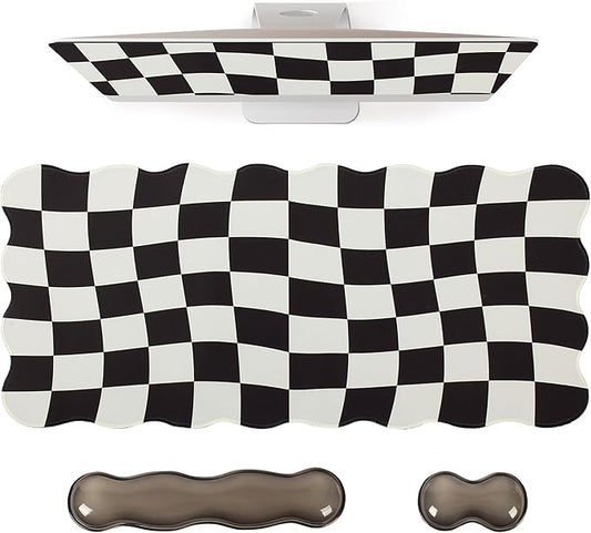 L-SPOUTTO Black Checkered Mouse Pad Set,Scalloped XXL Desk Mat + Ergonomic Mouse Wrist Rest + Gel Keyboard Wrist Rest for Keyboard 65%/75%,3in1 Large Desk Pad for Desktop Home Office Computer Game
