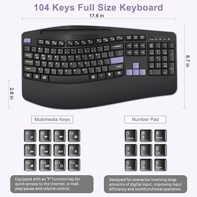 Wireless Keyboard and Mouse Combo, 2.4G Full Size Wave Keys Ergonomic Keyboard with Wrist Rest, Phone Holder, 3-Level DPI Wireless Silent Mouse with 6-Buttons, for Windows, Mac OS (Purple Black)