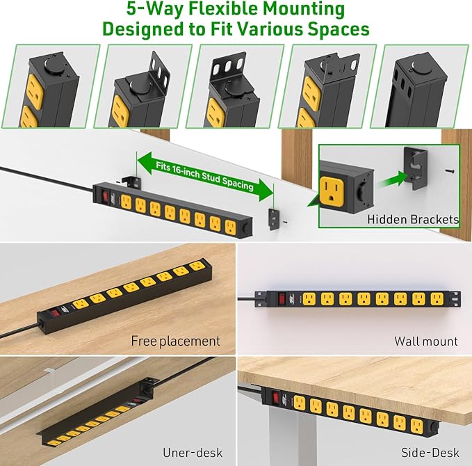 CRST 8 Outlet Heavy Duty 360° Rotating Mountable Power Strip, 2100 Joules Surge Protector Power Strip, 15Amp/1875W Garage Shop Home Power Bar with 6FT 14AWG Cord