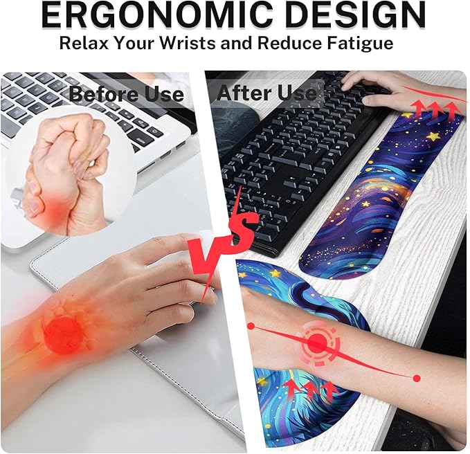 Arttown Cat Star Celestial Desk Mat Galaxy Whimsical Mouse Pad Set 4 in 1 Ergonomic Design Large Mouse Pad + Keyboard Wrist Rest + Mouse Wrist Rest + Coaster Suitable for Home Office Study Game