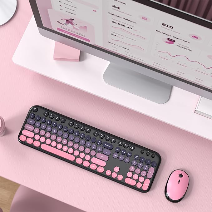 MOFII Wireless Keyboard and Mouse Combo - Rose-Pink Gradient Full-Sized Plug and Play Colorful Computer Keyboards - 104 Keys Round Keycap USB 2.4G Cute Keyboard for Windows/Laptop/Mac/Desktop/PC