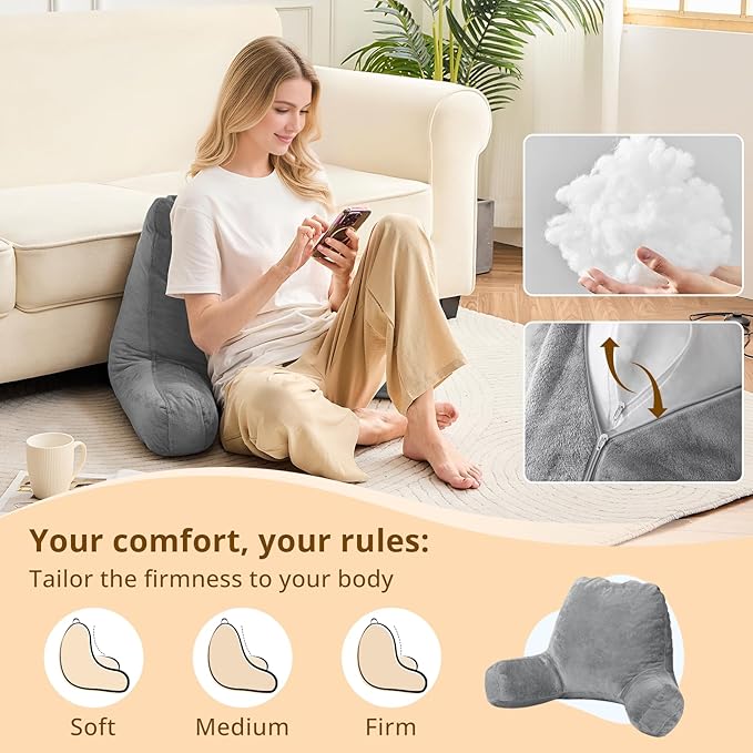 Sasttie Reading Pillows for Sitting in Bed Adult, Velvet Back Pillow Bed Sitting Up, Back-Rest Support Cushion for Sit Up on Couch, Sofa, and Floor, Dorm Essentials, Oeko-Tex Certified, Dark Grey