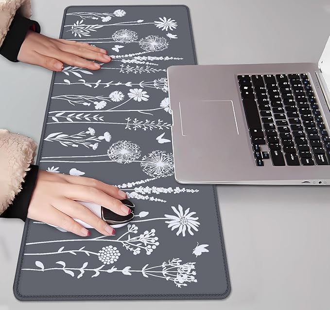 IMAYONDIA Cute Sage Gray Desk Mats Mousepad, Plant Floral Anime Mousepad Deskmat, Aesthetic Desk Pad, Minimalist Grey White Leaves Large Gaming Mouse Pad, Decor Accessories, 31.5 X 11.8