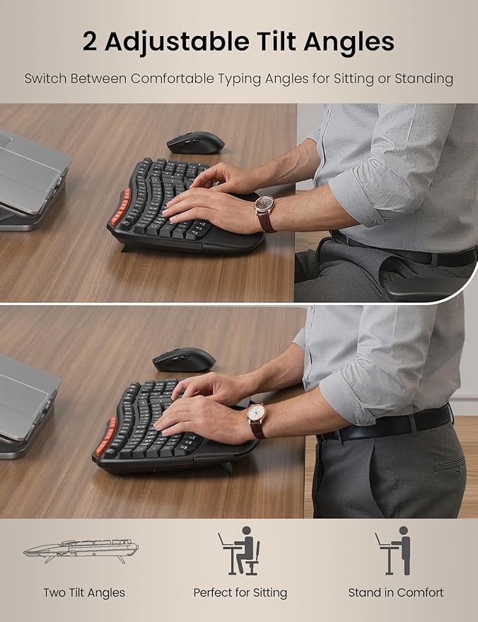 Ergonomic Wireless Keyboard and Mouse Combo, 2.4G Full Size Wave Key Board with Cushioned Palm Rest, Natural Typing, 3 DPI Adjustable Mouse, USB-A & C for Computer/Laptop/Mac/Tablet - Sablute MA31