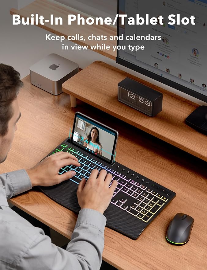 Trueque Wireless Keyboard and Mouse Combo, 4000mAh Rechargeable Backlit Keyboard with Wrist Rest & Phone Holder, Full Size Quiet Typing 2.4G USB-A/Type-C for PC Laptop Windows Mac (Black)