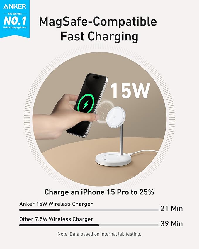 Anker MagSafe Compatible MagGo Charger Stand, iPhone 17 Wireless Charger, 2-in-1 Charging Station, Qi2 Certified 15W Fast Charging, for iPhone 17/16/15/14/13, AirPods Pro (White, with Cable)