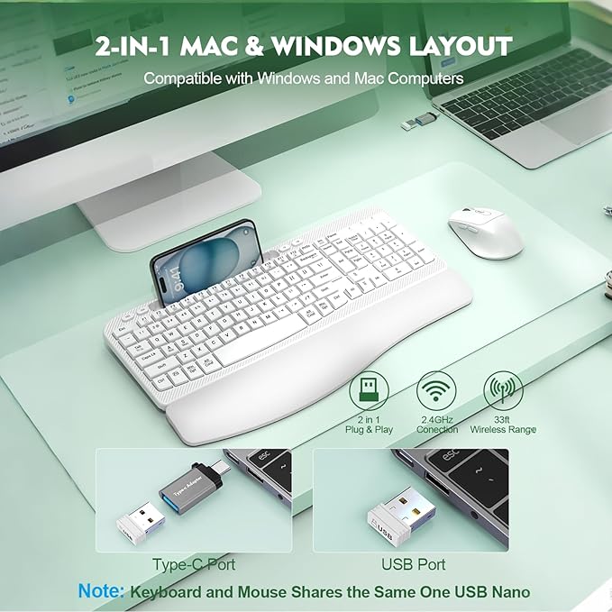 Wireless Keyboard and Mouse Combo, Wave Keys Full-Sized Ergonomic Keyboard with Cushioned Plam Rest, Phone Holder, Comfortable Natural Typing, 2.4G Cordless Set for Computer, Laptop, Pc, Mac, Windows