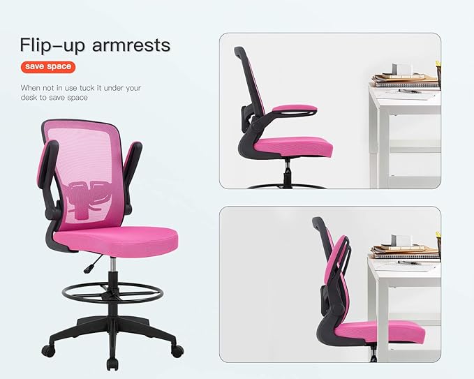 BestOffice Drafting Chair Tall Office Chair Adjustable Height with Lumbar Support Arms Footrest Mid Back Standing Desk Chair with Swivel Rolling Mesh Stool Pink