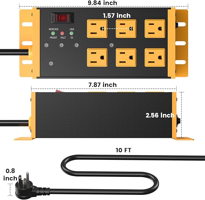 JUNNUJ Heavy Duty Power Strip Surge Protector 4800J, 6 Outlets with EMI/RFI Filtering and Noise Isolated Banks, Wall Mount Metal Multiple Plugs for Industrial Garage Shop,10FT Extension Cord Flat Plug