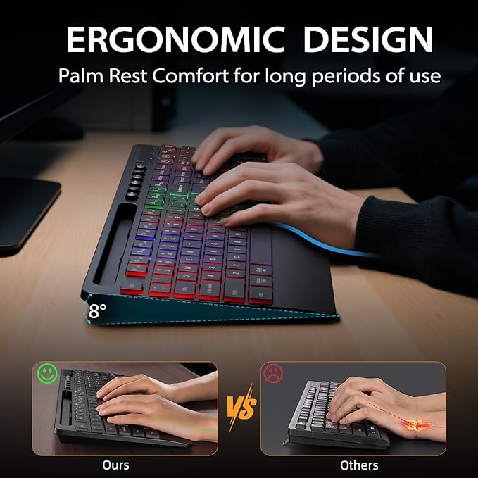 Hamile Wireless Keyboard and Mouse Combo:RGB Backlit Effects,Ergonomic Full Size Silent Keyboard,Wrist Rest,2.4G Rechargeable with Phone Holder Compatible with Windows, Mac,PC,Laptop, Black