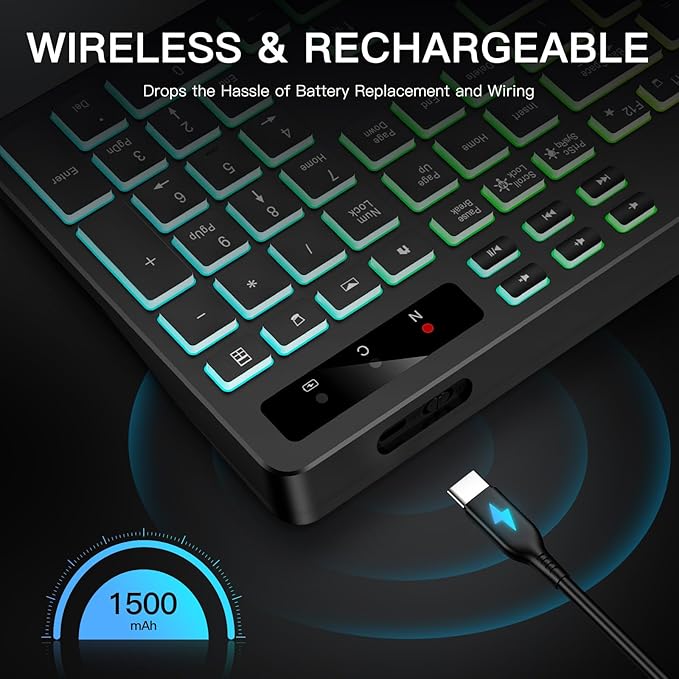 Wireless Keyboard with 7-Color RGB Backlit, Full-Size Computer Keyboard with Phone Tablet Holder, 2.4G Rechargeable Gaming Keyboard with Light Up Keys, Compatible with Mac, Windows (Black)