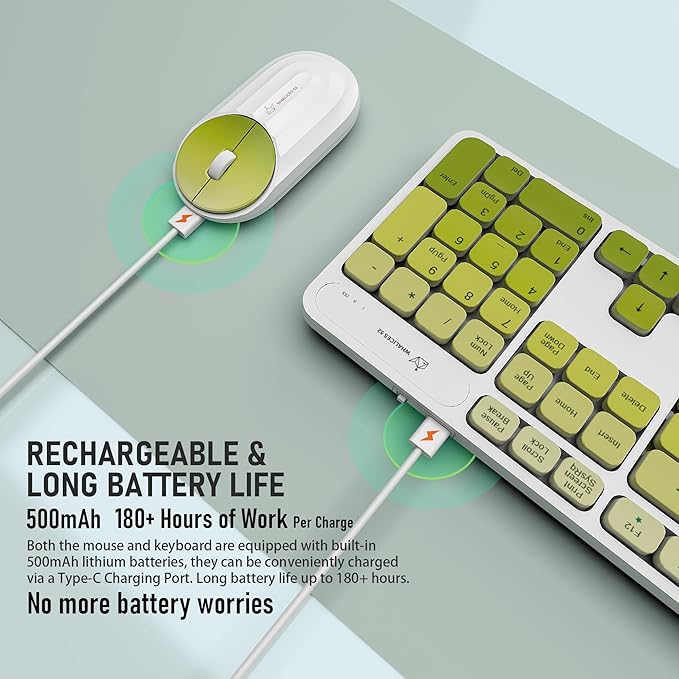 Wireless Keyboard and Mouse Combo - 2.4G Wireless, Rechargeable, Quiet, Cute Colorful, Full-Sized, 3 DPI Adjustable Mouse, for Computer, Laptop, PC, Desktop(Green)