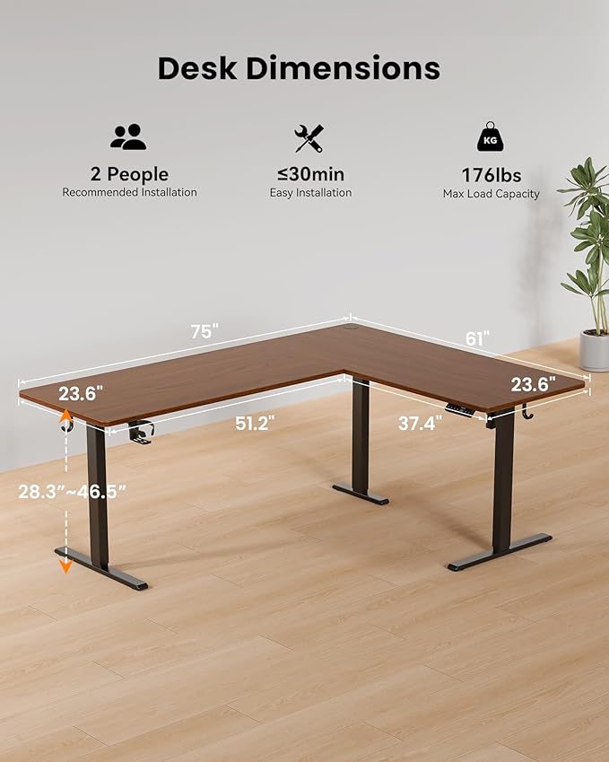 75X61 Inches Reversible L Shaped Standing Desk Height Adjustable, Electric Corner Computer Desk with Cup Holder, Sit Stand up Home Office Desk, Ergonomic Gaming Desk, Black Walnut