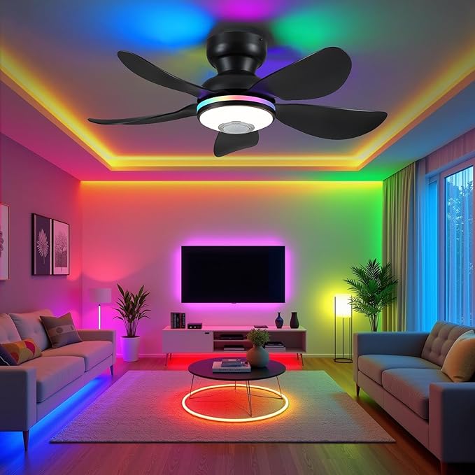 36" Ceiling Fans with RGB Lights Remote/APP Control,Low Profile Ceiling Fan,3 CCT Dimmable White Lights+RGB Ring Lights+Music Player,5 Reversible Plastic Blades 6 Speeds for Kidsroom,Black