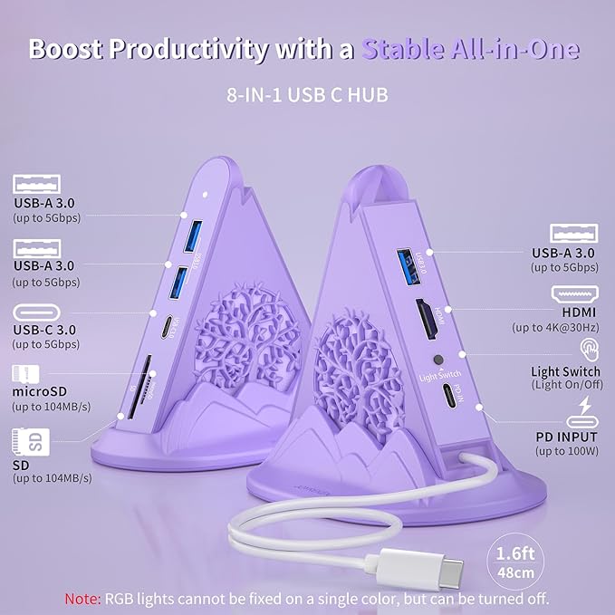 USB C Hub, Purple 8-in-1 Type C Multiport Adapter with 4K@30Hz HDMI, 100W PD, 5Gbps 1xUSB-C, 3xUSB-A 3.0, SD/TF Slots ＆ RGB Lighting, Purple USB Hub for MacBook Air/Pro, iPad, iMac, Surface