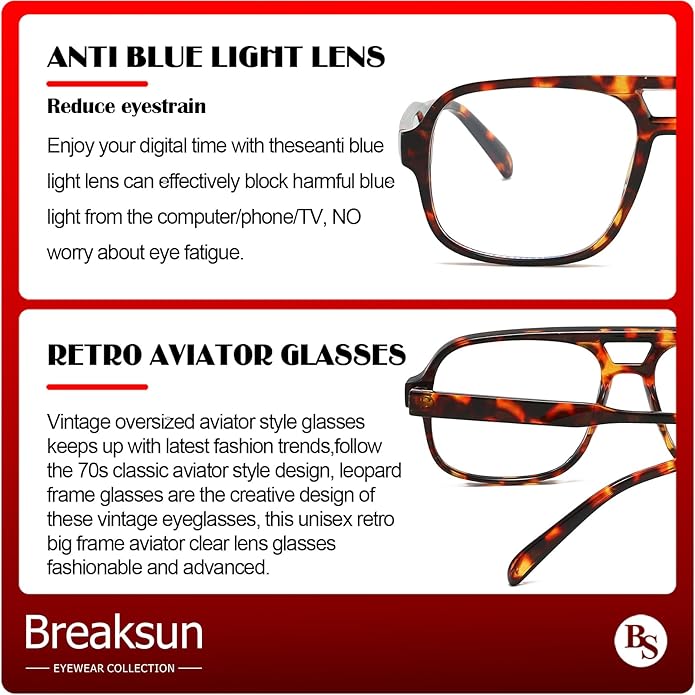 Oversized Square Aviator Glasses for Women Men Big Frame Retro Blue Light Blocking Glasses Vintage Style