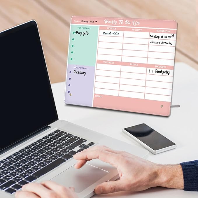 Desktop Thickened Acrylic Dry Erase Weekly To Do List, 11.8"x9.8" Colorful Whiteboard with Stand, Frameless Weekly Planner for Office/School/Home, Daily To Do List for Work and Personal Organized(2530,1p)