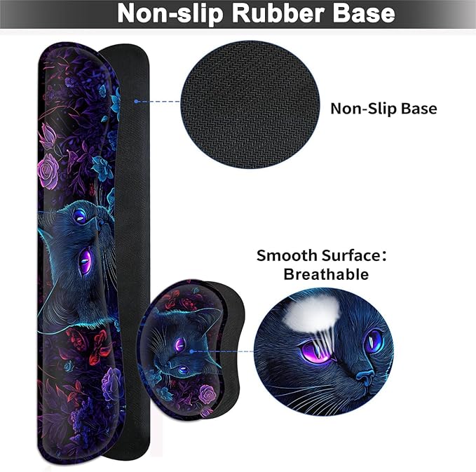 Large Mouse pad and Keyboard Support Set, Ergonomic Memory Foam Keyboard Wrist Rest, Extended Gaming Mouse Pad with Stitched Edges, Black Light Cat XXL Desk Mat (31.5 X 11.8 in)
