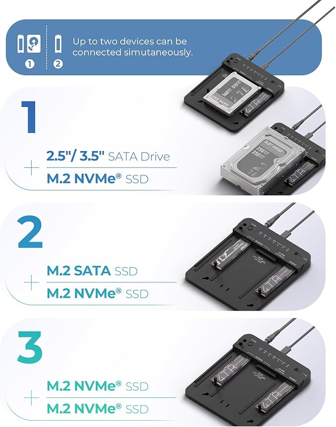 ICY BOX M.2 NVMe & SATA SSD/HDD Docking Station, USB-C 3.2 Gen 2 (10 Gbps) Hard Drive Clone Station & Reader for M.2 NVMe SSD + SATA 2.5”/3.5” SSD & HDD Converter, Offline Cloning, Tool-Free
