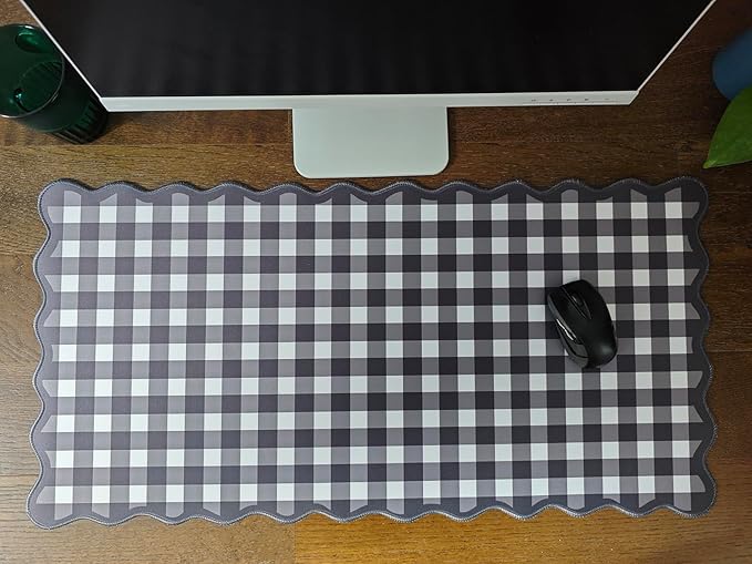 Scalloped‌ Black Desk Mat Checkered Gingham Cute XXL Large Gaming Mouse Pad Kawaii Vintage‌ Cottagecore Keyboard Computer Mat for Desktop Aesthetic Desk Pad Accessories Decor for Women