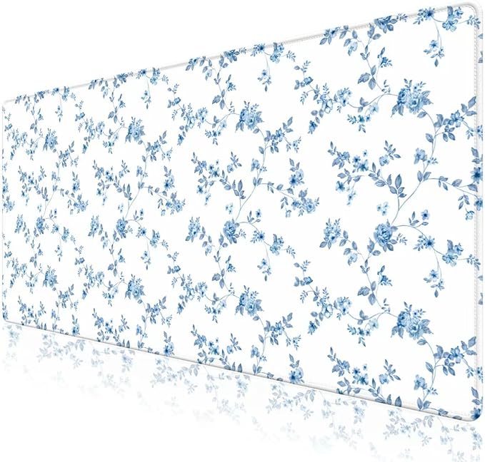 Mouse Pad, Cute Cool XXL Large Desk Mat for Desk Cover, Anti-Slip Big Mousepad with Stitched Edges, Keyboard Mat for Computer Desktop Table Protector I Delicate Blue Blossom