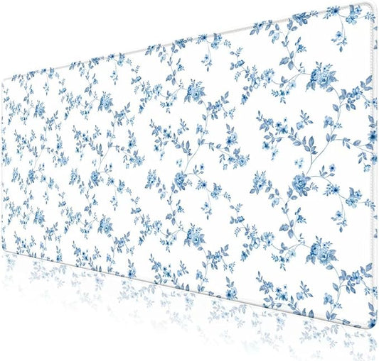 Mouse Pad, Cute Cool XXL Large Desk Mat for Desk Cover, Anti-Slip Big Mousepad with Stitched Edges, Keyboard Mat for Computer Desktop Table Protector I Delicate Blue Blossom