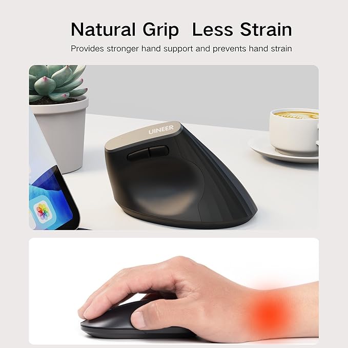 Uineer Vertical Mouse Wireless,Bluetooth Mouse with BT5.0/4.0/2.4G, Rechargeable with Battery Indicator,Ergonomic Design for Comfort and Reduced Wrist Strain, Ideal for Home,Office Use,Matte Black