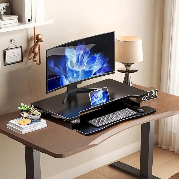 32" Electric Standing Desk Converter, Height Adjustable Sit to Stand Up Desk Riser with Large Keyboard Tray, Dual Monitor and Laptop Motorized Desktop Workstation for Home & Office, Black