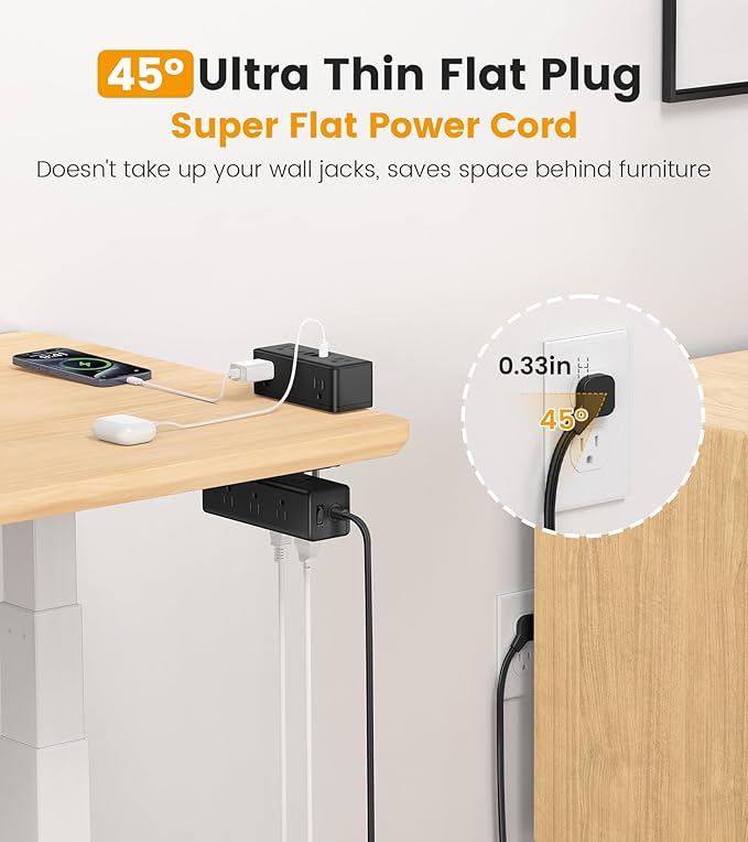 Dual Layer Desk Clamp Power Strip, Desktop Edge Mount Surge Protector with 15 AC Outlets & 4 USB Ports(20W USB-C), Ultra Thin Flat Plug & 15FT Power Cord for Office Home(ETL Listed)