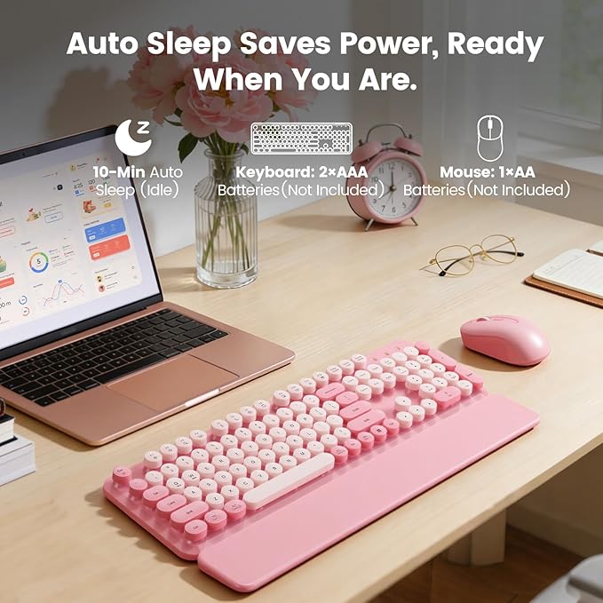 Wireless Keyboard and Mouse Combo with Magnetic Wrist Rest & Round Keycaps, Full-Size Retro Typewriter-Style, Adjustable Tilt Legs, Auto-Sleep, 2.4G Wireless for Windows Mac Laptop PC - Bubblegum Pink