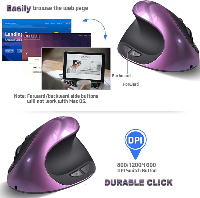 Ergonomic Mouse,Rechargeable Small Vertical Mouse with 6 Buttons Adjustable 800/1200/1600 DPI Purple Wireless Mouse for Laptop, Desktop, PC, MacBook
