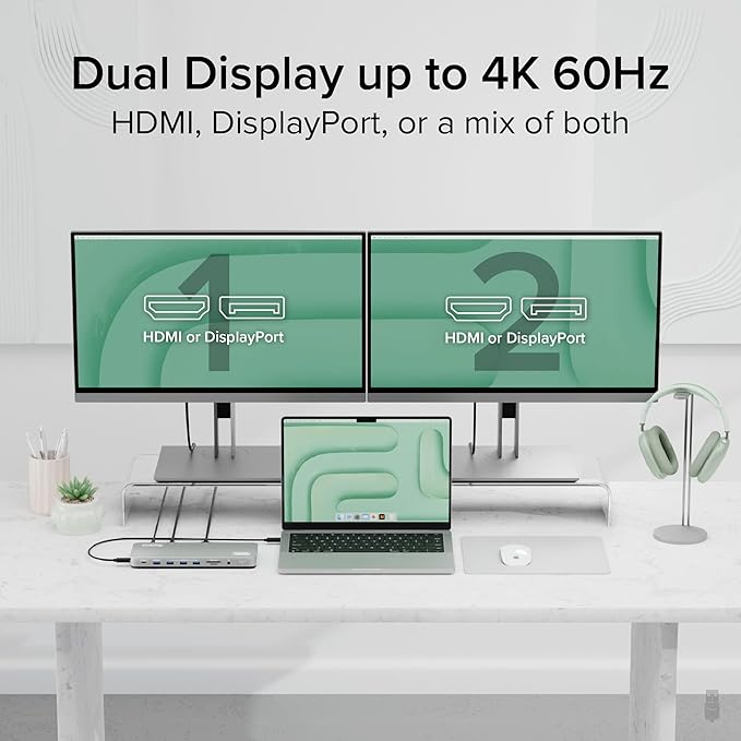 Plugable USB C Laptop Docking Station, Dual Monitor 4K 60Hz for Apple Mac M1/M2/M3/M4/M5/Neo, 2X HDMI or DisplayPort for MacBook, 100W Charging DisplayLink Dock, Driver Install Required (UD-6950PDH)