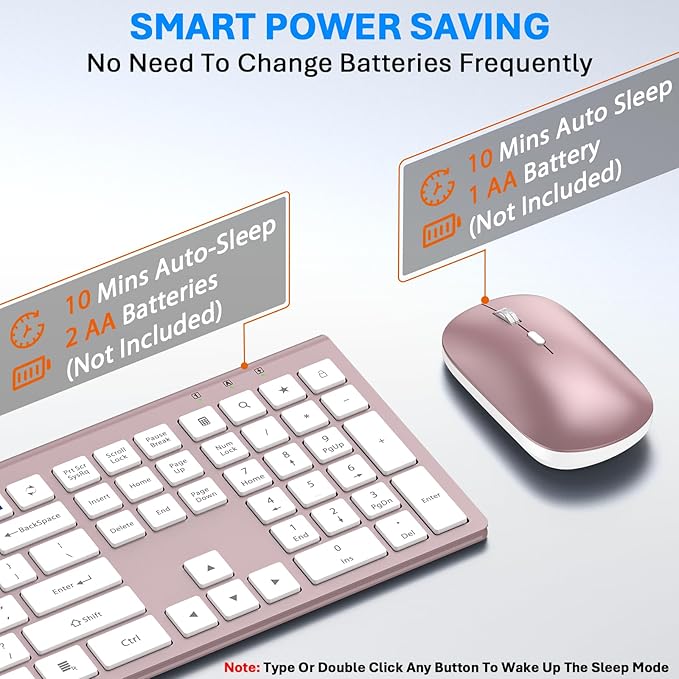 Wireless Keyboard and Mouse Combo, Full Size Keyboard and Mouse, Long Battery Life, Optical Mouse, 2.4G Lag-Free Cordless Mice Keyboard Set Ultra Slim Design for Computer, Laptop, PC, Windows (Pink)