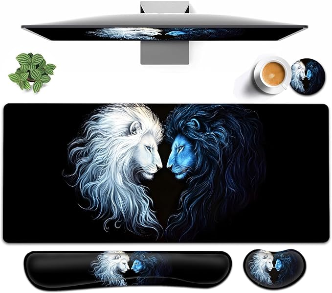 Large Mouse pad and Keyboard Support Set, Ergonomic Memory Foam Keyboard Wrist Rest, Extended Gaming Mouse Pad with Stitched Edges, Brother Lion XXL Desk Mat (31.5 X 11.8 in)