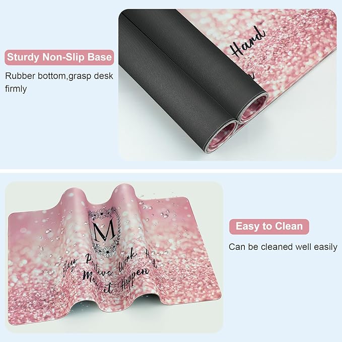Pink Large Gaming Mouse Pad with Coaster, Desk Mat, Mouse Pad for Computer Keyboard Laptop Office Decor, Stitched Edges Extended Mousepad, 31.5'' x15.6''-Letter M