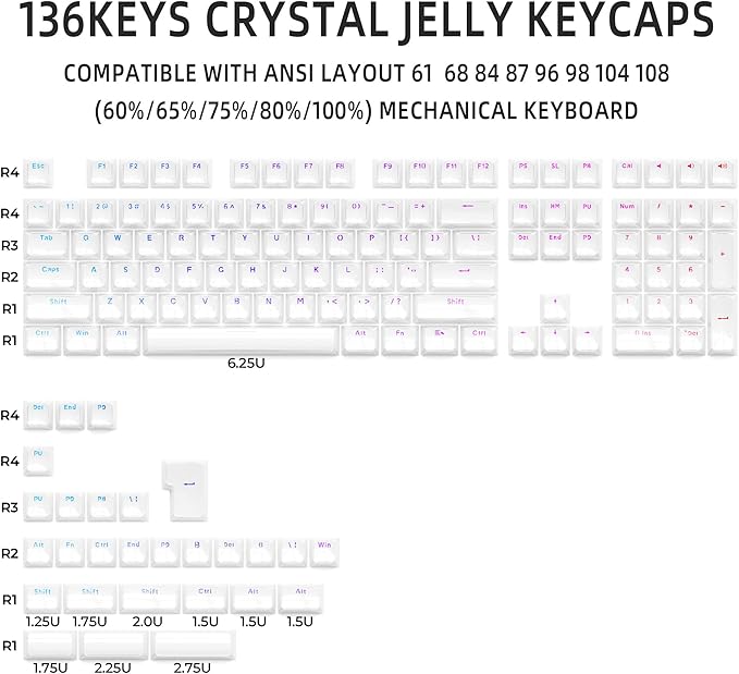 XVX Jelly Keycaps, Ceramic Style Keyboard Keycaps, White Shine Through Keycap Set OEM Profile Compatible with 61/68/84/87/98/100 ANSI and ISO Layout MX Switches Mechanical Keyboard