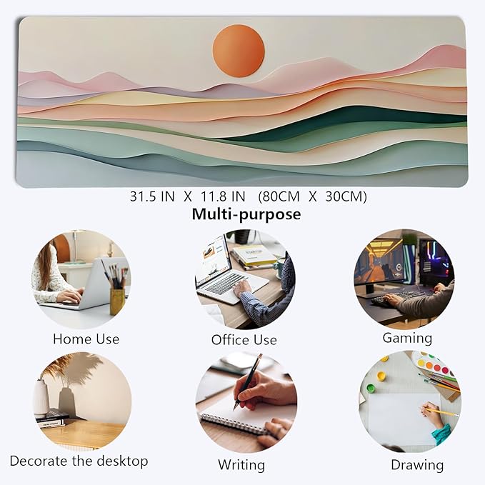 Aesthetic Boho Abstract Sunset Mouse Pad,XL Large Minimalist Pastel Layered Landscape Desk Mat,Summer Sun Mousepad for Home Office Dorm Desktop Decor,31.5x11.8 Inch