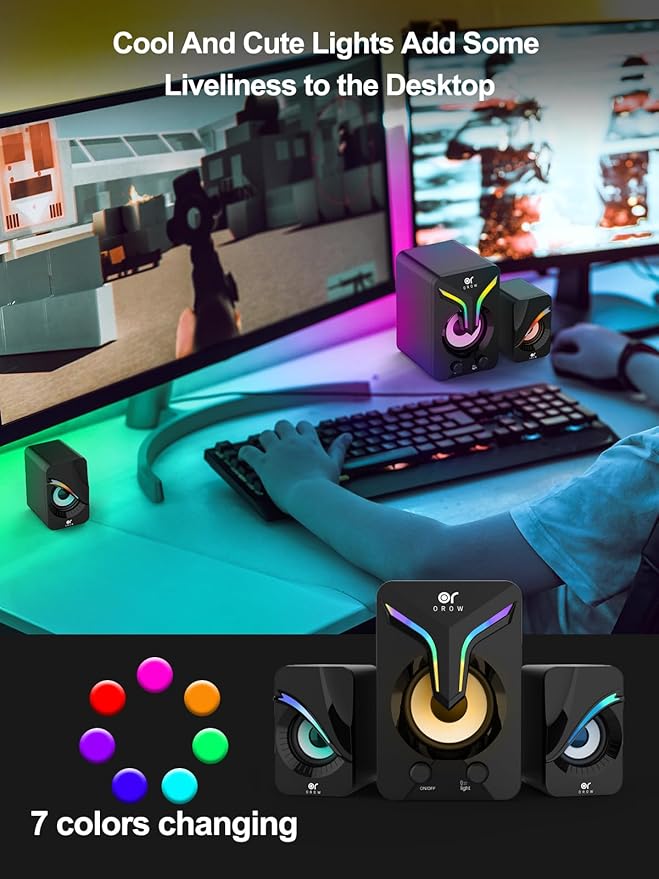OR O R O W OROW Computer Speakers,Mini PC Speakers with Subwoofer,2.1 Desktop Speaker with RGB Lights,USB Powered, Stereo Sound,Gaming Speakerwith 3.5mm Aux Cable for Monitor/Laptop/Tablet(S212)