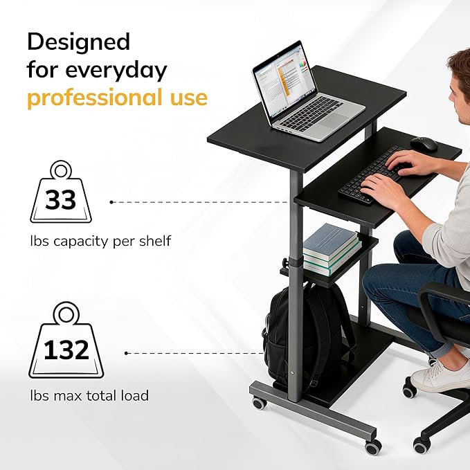 Mount-It! Rolling Desk Adjustable Height up to 54.7", Portable Standing Desk for Laptop or Podium Stand with Wheels, Mobile Roller Presentation Cart, Computer Work Station 27.5" Wide, Locking Wheels