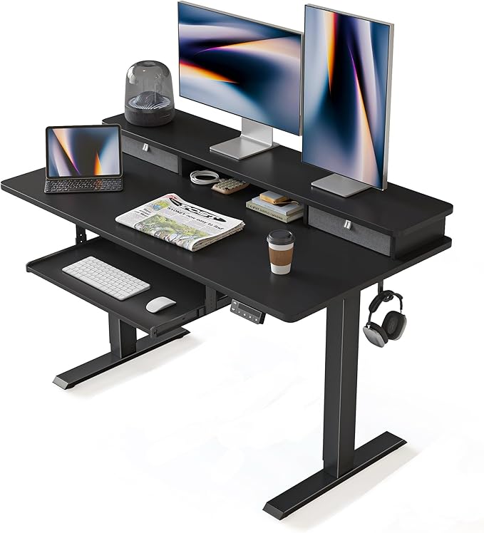 FEZIBO Standing Desk with Drawers and Keyboard Tray, 48"×24" Electric Height Adjustable Table with Monitor Shelf, Computer Home Office Sit and Stand up Workstation, Black