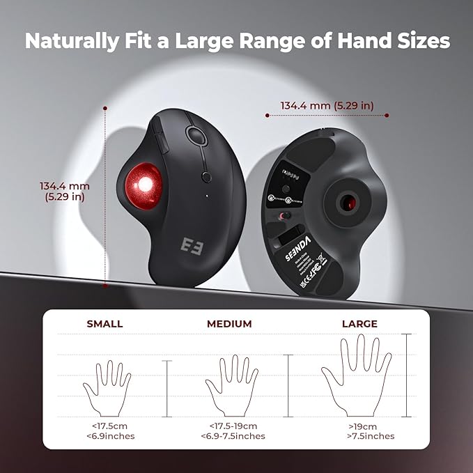 seenda Wireless Trackball Mouse, Bluetooth - Ergonomic Rollerball Mouse Rechargeable, 3 Device Connection Optical Mice Adjustable DPI Thumb Control Mice Compatible for Mac/Android/Windows - Black&Red