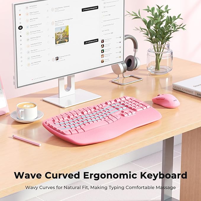 MEETION Ergonomic Keyboard and Mouse Wireless, Wave Keys Natural Typing, 2.4G Wireless Keyboard with Wrist Rest, 4 Adjustable DPI Mouse, Computer/Laptop/Windows/Mac, Pink