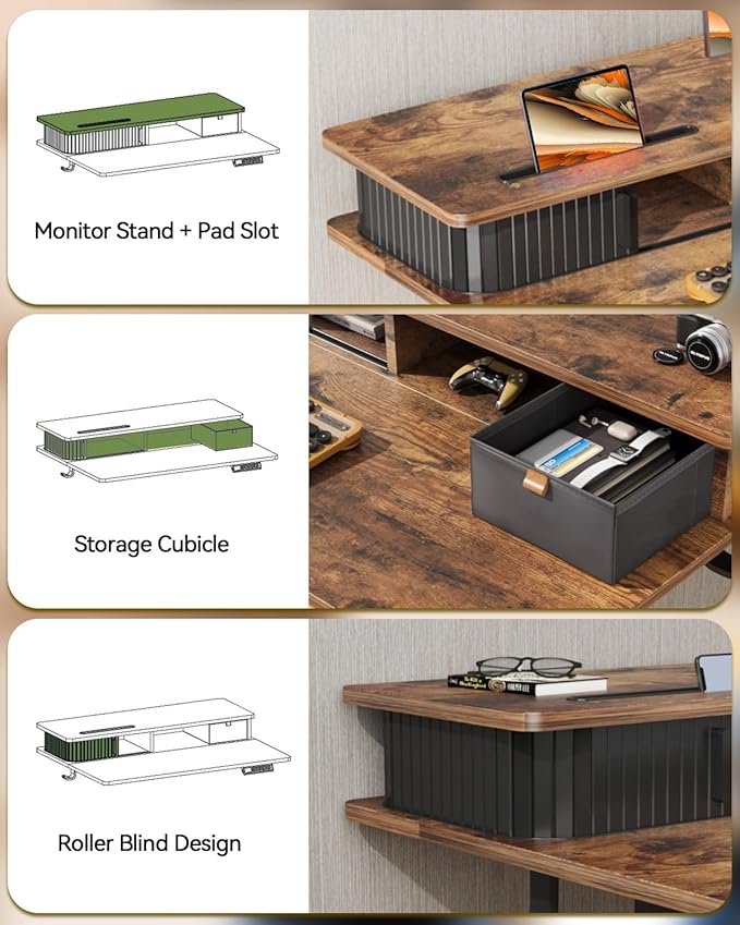 JOY worker Small Electric Standing Desk, 35" x 25" Height Adjustable Desk with Built-in Monitor Stand & Storage Drawer, Sit Stand Desk with 2 Hooks for Home Office, Rustic Brown
