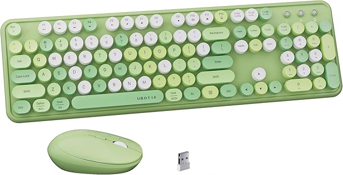 x UBOTIE Colorful Wireless Keyboard and Mouse Combo, Full-Sized Office Keyboard with Typewriter Flexible Keys, 2.4GHz Dropout-Free Connection, Optical Mouse for PC Laptop(Green Colorful)