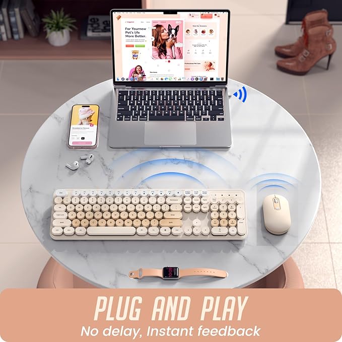 Wireless Keyboard and Mouse, Silent Keyboard Mouse Combo, Full-Sized Colorful Typewriter Keyboard with Round Keycaps, 2.4G Cute Mouse Compatible with PC/Laptop/Computer(Milk Tea)